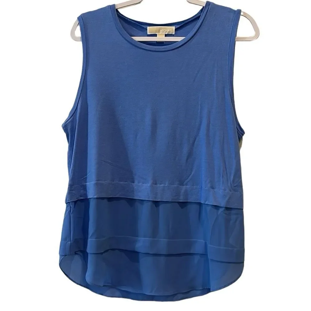 Michael Kors Sleeveless Crew Neck Tunic Tank Top Sheer Bottom XL Blue​​